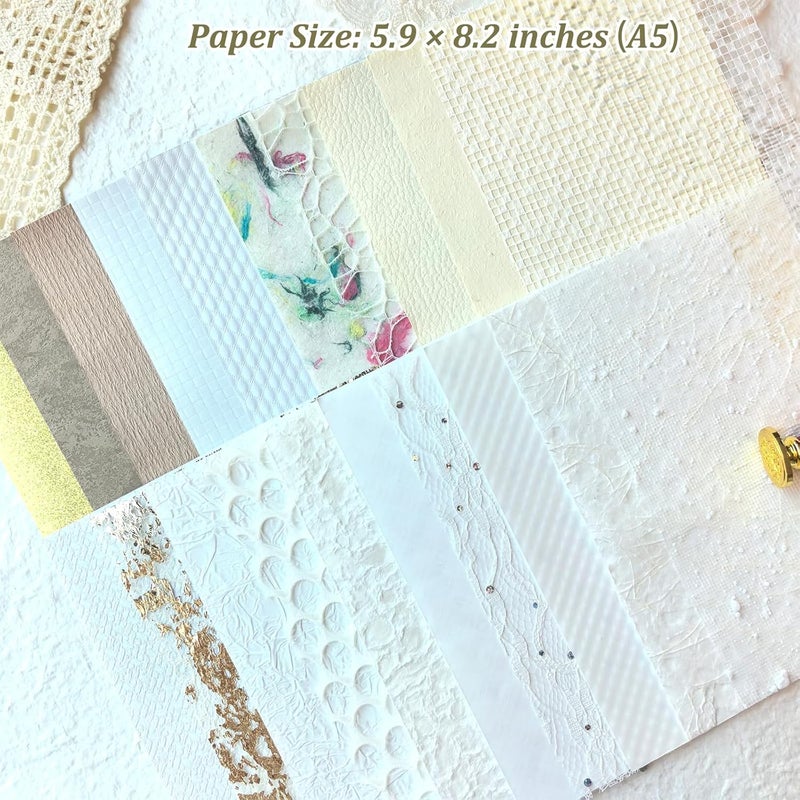 Flartmo 20 ورقة فريدة من نوعها A5 من ورق سكرابوكينغ الملمس ومجموعة قماش الشبك، ورق حرفي مصنوع يدويًا لسكربوكينغ، مستلزمات دفتر الملاحظات، صنع بطاقات، ديكوباج، كولاج وزينة هدايا (أبيض) - Image 5